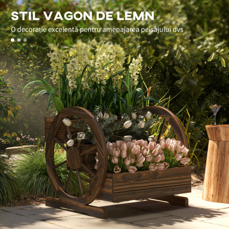  Jardiniera de Exterior cu 3 Niveluri, cu Roti Decorative din Lemn de Brad Carbonizat, 62x61x57 cm [3]