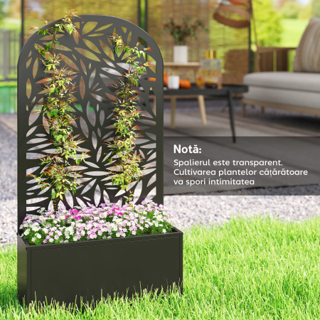  Jardiniera Elevata de Exterior, Jardiniera cu Suport Decorativ Arcuat cu Motive de Frunze pentru Plante Cataratoare din Metal, Montare pe Perete sau Independenta, pentru Plante si Flori, 61x23x113 cm [7]