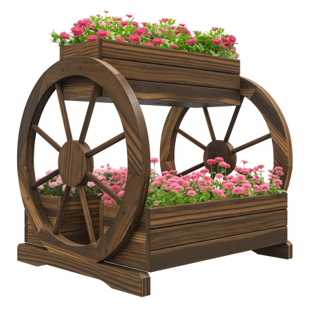 Living & hol -  Jardiniera in Lemn pentru Exterior pe 2 Nivele cu 3 Ghivece si Roti de Caruta in Stil Rustic, 64x54x60 cm