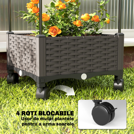  Jardiniera inaltata Autoiriganta din Metal cu Spalier de 185 cm, cu 4 Roti Blocabile pentru Plante Cataratoare, Recipient cu Gauri de Drenaj pentru Legume si Flori, Negru [4]