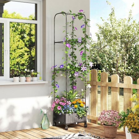  Jardiniera inaltata Autoiriganta din Metal cu Spalier de 185 cm, cu 4 Roti Blocabile pentru Plante Cataratoare, Recipient cu Gauri de Drenaj pentru Legume si Flori, Negru [8]