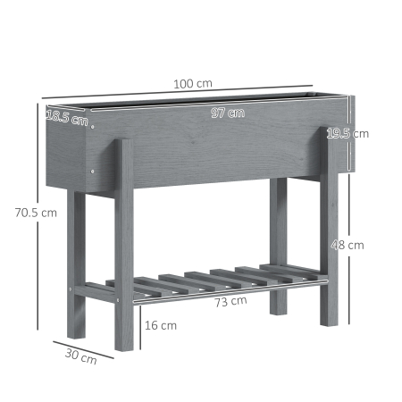  Jardiniera inaltata cu Raft Inferior si 2 Orificii de Drenaj, din Lemn de Brad, 100x30x70,5 cm, Gri [2]