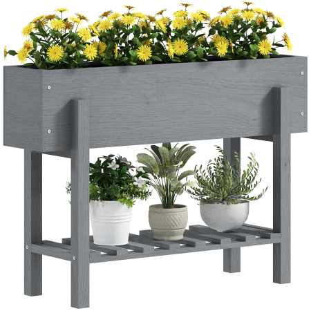 Living & hol -  Jardiniera inaltata cu Raft Inferior si 2 Orificii de Drenaj, din Lemn de Brad, 100x30x70,5 cm, Gri