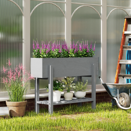  Jardiniera inaltata cu Raft Inferior si 2 Orificii de Drenaj, din Lemn de Brad, 100x30x70,5 cm, Gri [1]