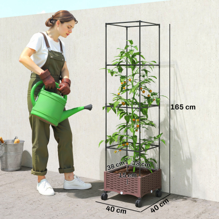  Jardiniera inaltata cu Spalier 20L, Roti Blocabile si Sistem de Autoirigare, Maro [2]