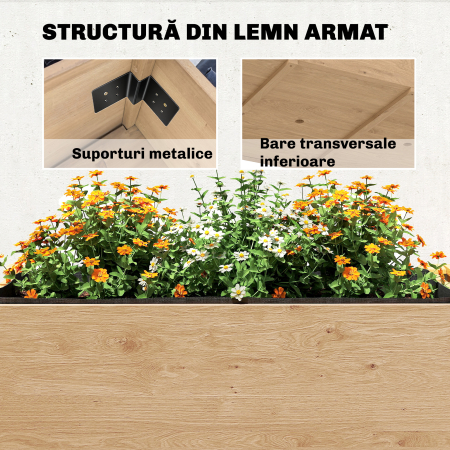  Jardiniera inaltata pe 2 Niveluri cu Rafturi Laterale si Inferior, Fabricata din Lemn de Brad cu Captuseala si Orificii de Drenare, pentru Flori si Legume, 119,5x102x76,5cm, Maro Deschis [6]
