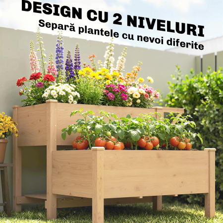  Jardiniera inaltata pe 2 Niveluri cu Rafturi Laterale si Inferior, Fabricata din Lemn de Brad cu Captuseala si Orificii de Drenare, pentru Flori si Legume, 119,5x102x76,5cm, Maro Deschis [3]