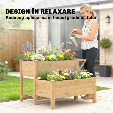  Jardiniera inaltata pe 2 Niveluri cu Rafturi Laterale si Inferior, Fabricata din Lemn de Brad cu Captuseala si Orificii de Drenare, pentru Flori si Legume, 119,5x102x76,5cm, Maro Deschis [5]