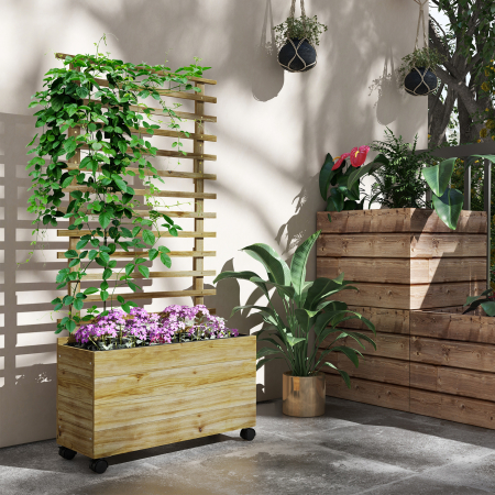  Jardiniera inaltata verticala cu 4 roti si suport pentru plantele cataratoare, din  lemn de brad, 76x30x155cm, alb [1]