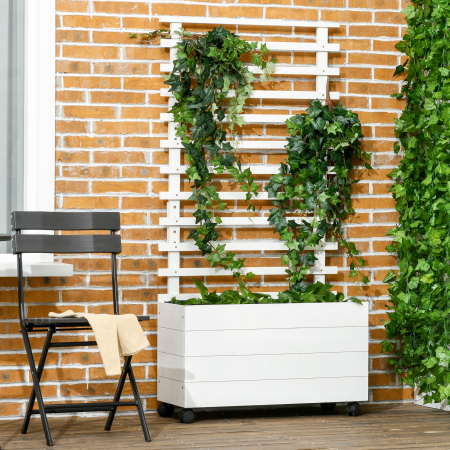  Jardiniera inaltata verticala cu 4 roti si suport pentru plantele cataratoare, din  lemn de brad, 76x30x155cm, alb [1]