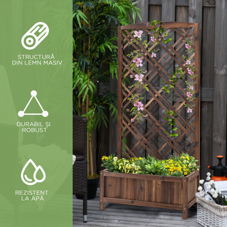  Jardiniera pentru Exterior din Lemn, Jardiniera cu Spalier pentru Plante Agatatoare, 60x30x122.5 cm, Maro [6]