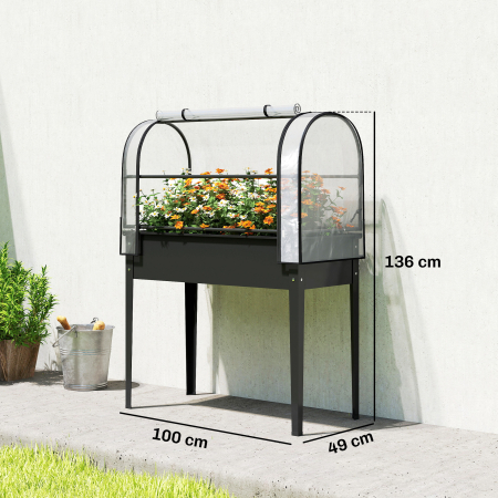  Jardiniera Ridicata cu Mini Sera si Orificiu de Drenare, 100x49x136 cm, Negru [2]