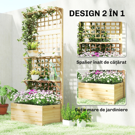  Jardiniera Ridicata din Lemn cu Grilaj, Acoperis si 2 Rafturi, 76x43.5x177 cm, Lemn Natural [3]