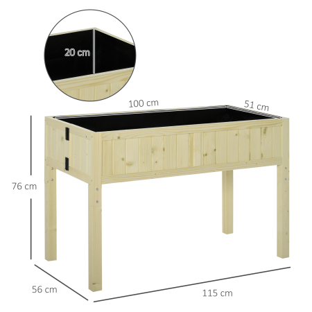  Jardiniera Ridicata Pliabila, Pat pentru Gradina in Lemn de Brad cu 4 Orificii de Drenaj, pentru Gradina, Terasa, Balcon, 115x56x76 cm, Culoare Lemn [2]