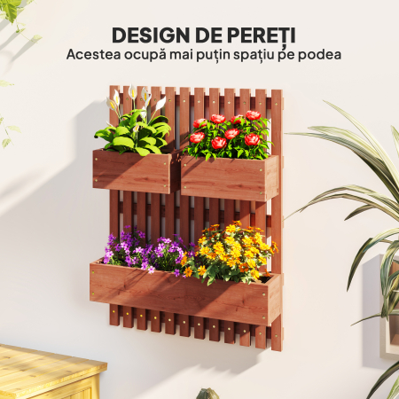  Jardiniera Verticala cu sipci si 3 Vase Detasabile, in Lemn de Brad, 60x16x80 cm, Maro [3]