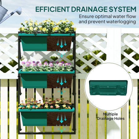  Jardiniera Verticala pentru Exterior cu 3 Niveluri si Ghivece cu Orificii de Drenaj, 56x42x100 cm, Verde [4]