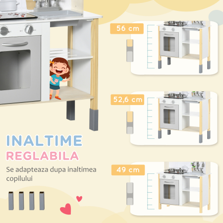  Jucarie de bucatarie pentru copii cu inaltime reglabila, efecte sonore, lumini si ustensile, din MDF si PP, 60x30,5x93,2 cm, gri si alb [6]