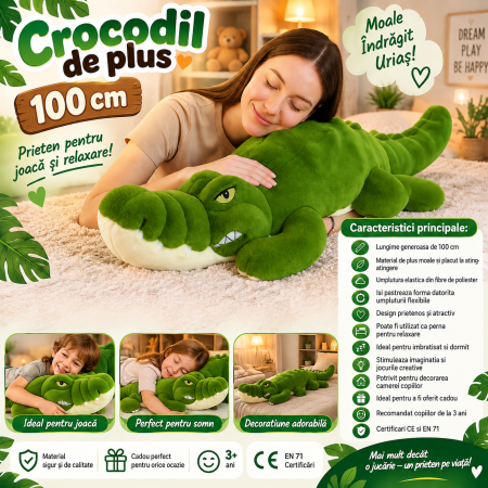 Jucarie de plus Crocodil urias 100 cm, multifunctionala 2 in 1, perna moale pentru imbratisat si relaxare, umplutura elastica din fibre, ideala pentru [1]