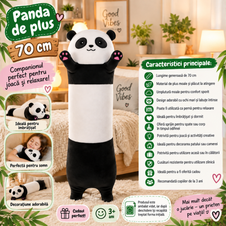 Jucarie de plus Panda urias 70 cm, multifunctionala 2 in 1, perna moale pentru imbratisat si relaxare, umplutura pufoasa din poliester, ideala pentru [1]