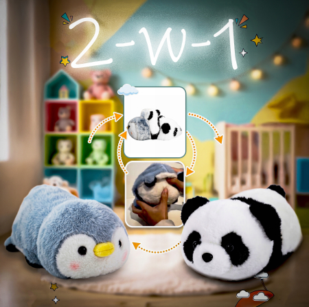 Jucarie de plus reversibila 2 in 1 Panda si Pinguin, transformabila prin intoarcere pentru 2 personaje intr-o singura jucarie, material moale si pufos [3]