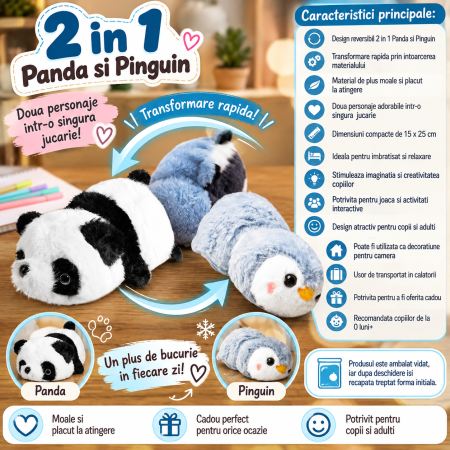 Jucarie de plus reversibila 2 in 1 Panda si Pinguin, transformabila prin intoarcere pentru 2 personaje intr-o singura jucarie, material moale si pufos [1]