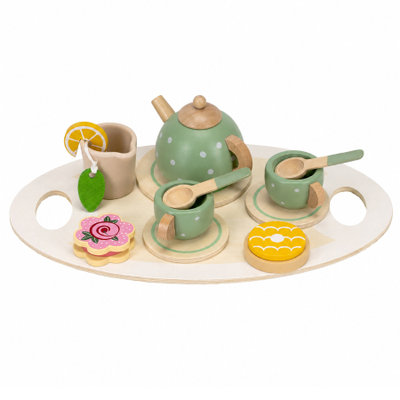 Dormitor & birou - Jucarie din lemn set complet ceai pentru copii, 14 piese, tava inclusa, 28x17 cm, multicolor