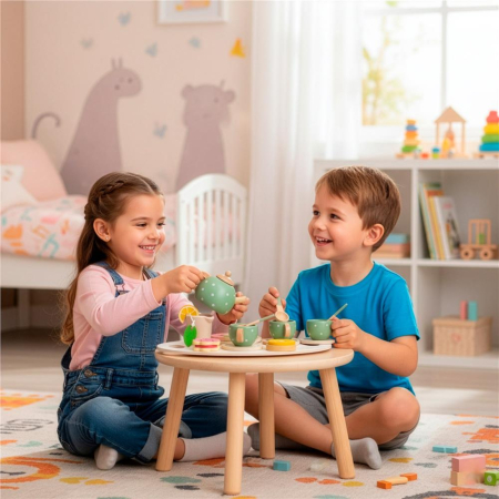 Jucarie din lemn set complet ceai pentru copii, 14 piese, tava inclusa, 28x17 cm, multicolor [2]
