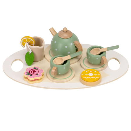 Jucarie din lemn set complet ceai pentru copii, 14 piese, tava inclusa, 28x17 cm, multicolor [10]