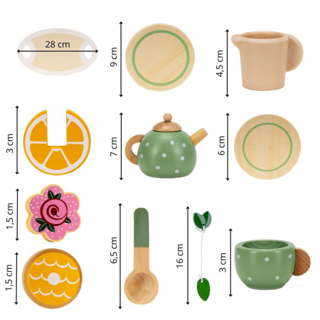 Jucarie din lemn set complet ceai pentru copii, 14 piese, tava inclusa, 28x17 cm, multicolor [15]