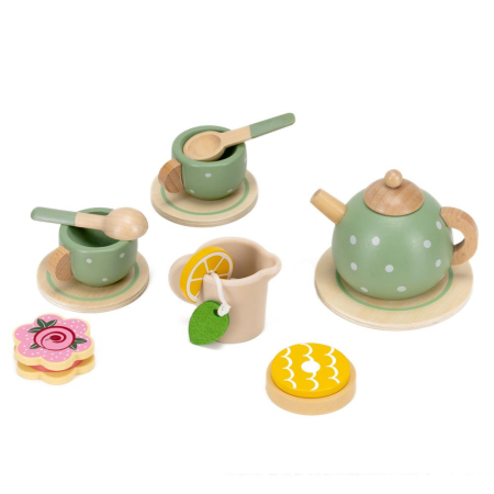 Jucarie din lemn set complet ceai pentru copii, 14 piese, tava inclusa, 28x17 cm, multicolor [11]