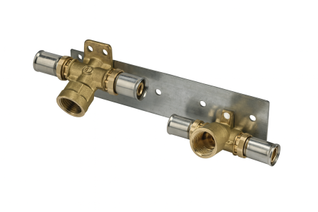 Fitinguri - Kit de montaj Giacomini RM156KY033, cu suport perete din otel galvanizat, doua fitinguri tip T excentrice, filet interior 1/2”, conexiuni presare multi-jaw, alama