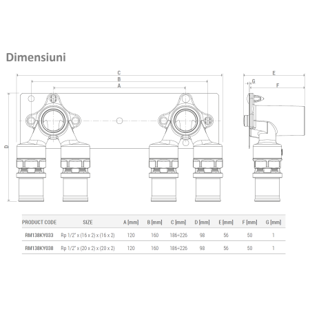Kit fitinguri presa Giacomini RM138KY033, cu suport perete, 2 coturi 90°, filet interior 1/2” x 16 mm, alama [1]