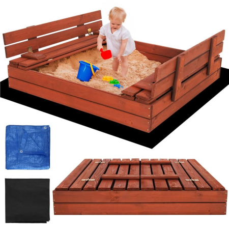 Lada nisip din lemn pliabila cu capac si bancute, 120x120x41 cm, maro [7]
