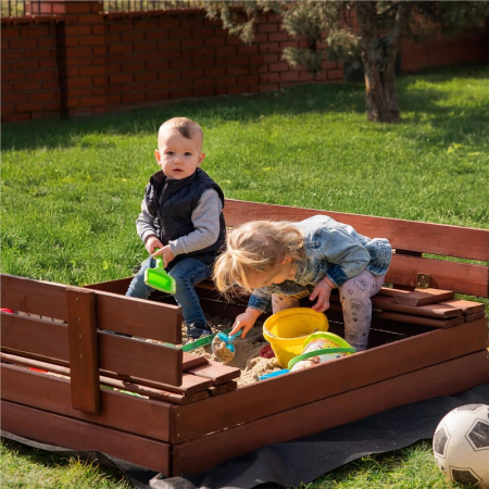 Lada nisip din lemn pliabila cu capac si bancute, 120x120x41 cm, maro [32]