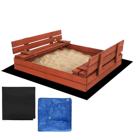 Lada nisip din lemn pliabila cu capac si bancute, 120x120x41 cm, maro [1]