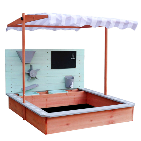 Dormitor & birou - Ladita nisip din lemn cu baldachin reglabil, tablie de scris, robinet si moara nisip, 120x120x120 cm, maro