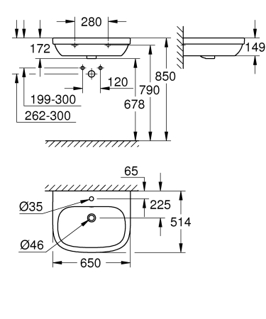 Lavoar Grohe 39323000, 150 mm, 515 mm, 35 mm, 650 mm, 1 cuve, 1 nr orificii baterie, pe perete, ceramica sanitara, Alb [2]