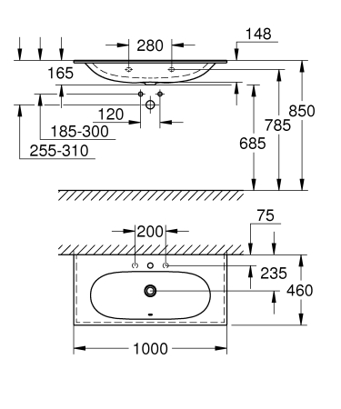 Lavoar Grohe 3956600H, Essence Vanity, montare pe perete/blat, 1000 x 460 mm, anti-aderent, anti-bacterian [2]