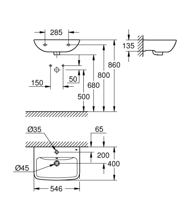 Lavoar Grohe 39949000, 135 mm, 400 mm, 35 mm, 550 mm, 1 cuve, 1 nr orificii baterie, suprafata antiaderent, Alb [7]