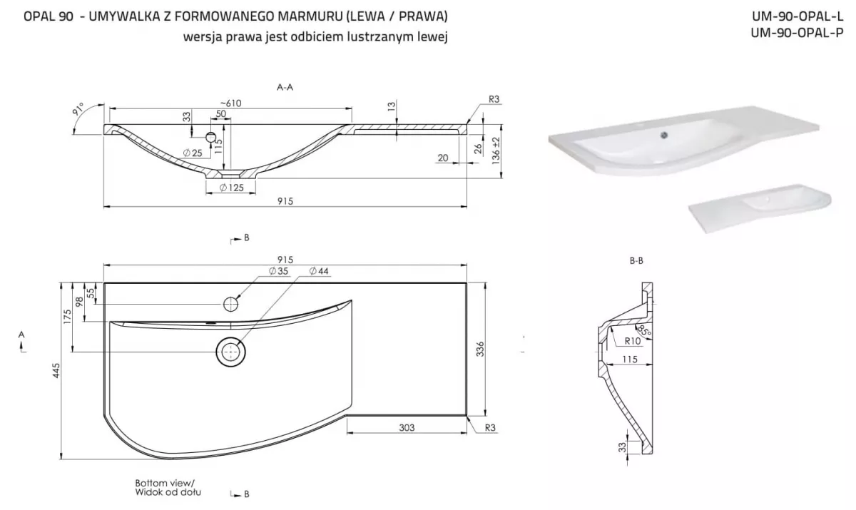 Lavoar Oristo Opal UME-OP-90-92-P, 915 x 445 mm, montare pe masca, preaplin, marmura compozita, alb [1]