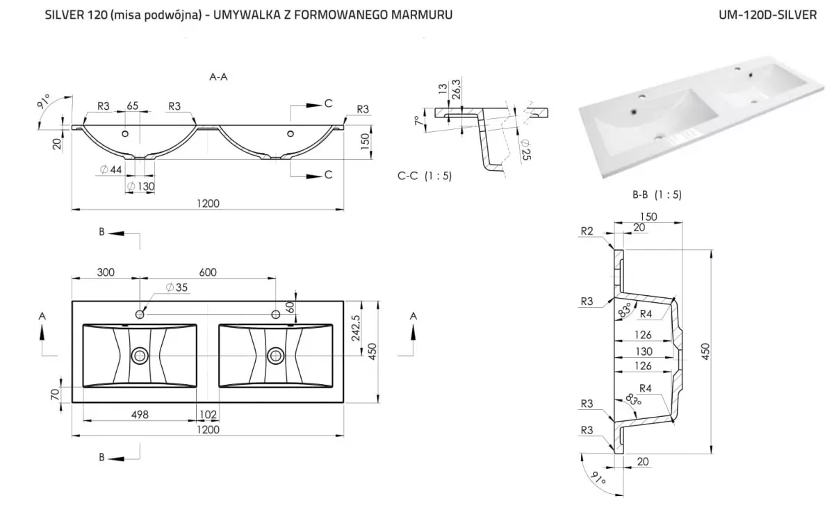 Lavoar Oristo Opera UME-SI-120-92-D, 1200 x 450 mm, montare pe masca, 2 cuve, preaplin, marmura compozita, alb [2]