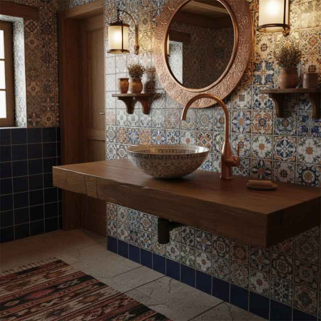 Lavoar pe blat Spectrum, Moana Folk, rotund, alb cu model folk [3]