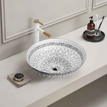 Lavoar pe blat Spectrum, Moana Folk, rotund, alb cu model folk [1]