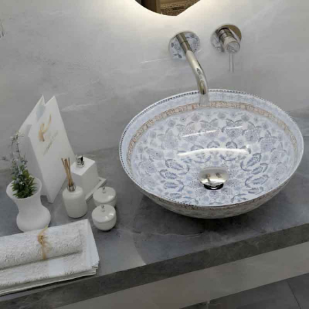 Lavoar pe blat Spectrum, Moana Folk, rotund, alb cu model folk [2]