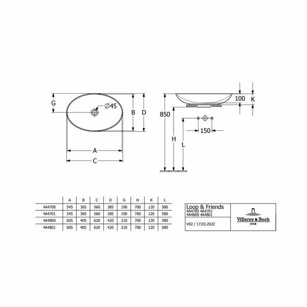 Lavoar pe blat Villeroy&Boch Loop&Friends oval 56 cm alb [1]