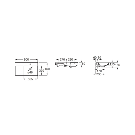 Lavoar Roca A327688080, 800 mm, 460 mm, 160 mm, 1 cuve, 1 nr orificii baterie, pe perete, interior zona montaj, Negru [1]
