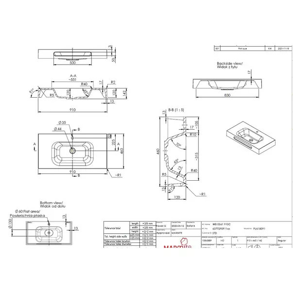 Lavoar suspendat Marmite Oslo alb mat 91cm cu orificiu baterie [1]