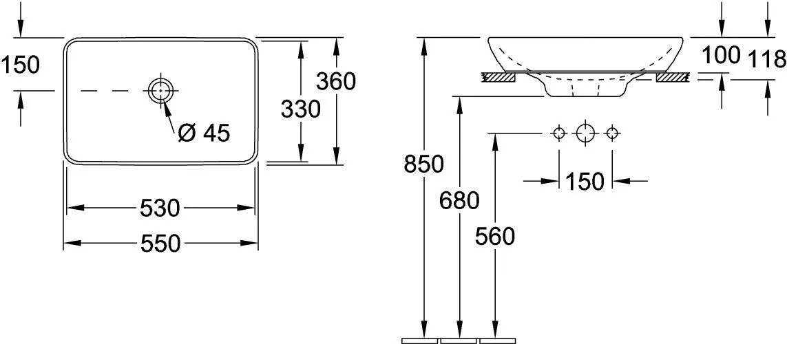 Lavoar Villeroy & Boch Venticello, pe blat, 550 x 360 mm, CeramicPlus, alb, 411355R1 [3]