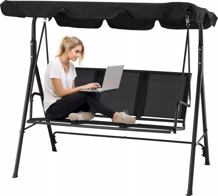 Leagan balansoar gradina 3 locuri, textilene rezistent intemperii, baldachin reglabil poliester 140g/m2, cadru otel, max 260 kg, negru [7]