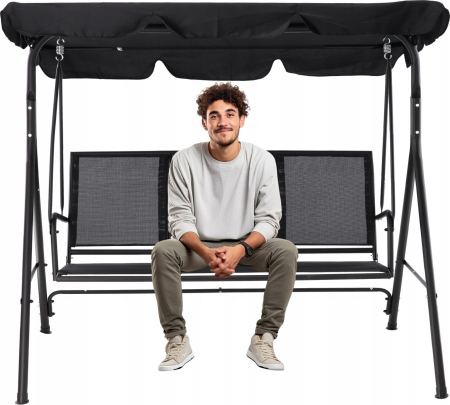 Leagan balansoar gradina 3 locuri, textilene rezistent intemperii, baldachin reglabil poliester 140g/m2, cadru otel, max 260 kg, negru [9]